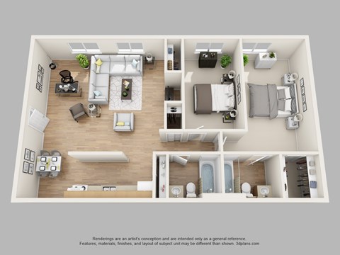 Floor plan for 2 beds, 2 baths, 1027 sqft